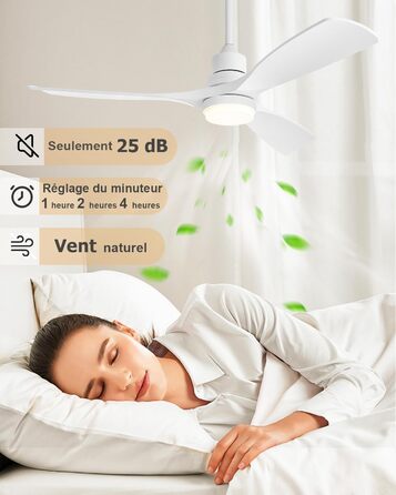 Стеляний вентилятор з підсвіткою та пультом дистанційного керування, тихий DC мотор, 132 см/52 дюйми, 3 дерев'яних лопаті, таймер, 6 швидкостей, сертифікований ETL, режим літо/зима для спальні (132см/52 дюйми, Білий)