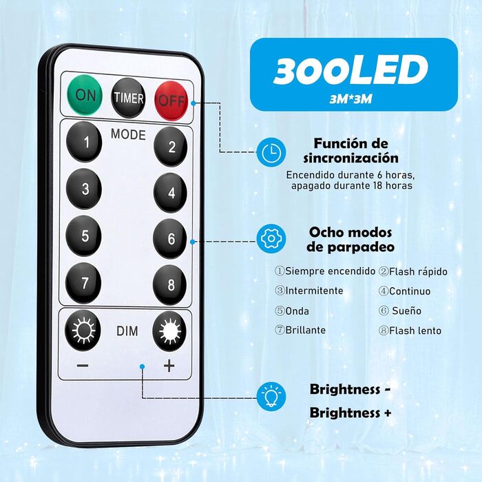 LED штора Anpro 3x3 м, USB, 8 режимів, тепле світло для декору кімнати