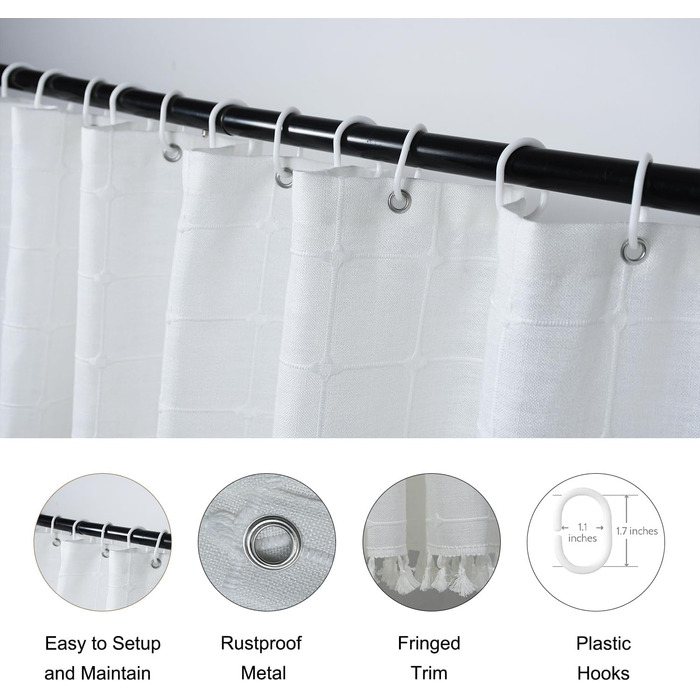 Штора для душу Farmhouse White – Лляна штора в бохо стилі для ванної кімнати, 90x180 см з пензликами та гачками