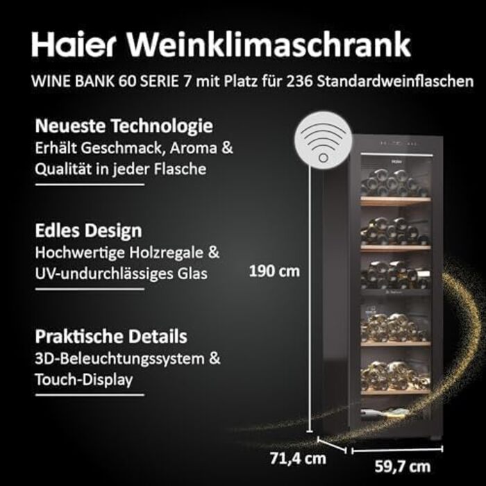 Haier 34 Bottle Wine Refrigerator - 2 Zone Wine Cooler with UV Glass Door, Wooden Shelves, Wi-Fi & Touch Display, Vibration-Free Storage