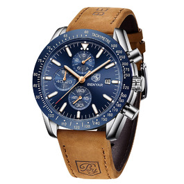 Годинник чоловічий Benyar Chronograph з кварцовим механізмом, аналоговий, з шкіряним ремінцем. Стильний дизайн для бізнесу, спорту та повсякденного носіння. Водостійкий (30M). Елегантний подарунок для чоловіків. Колір: блакитний