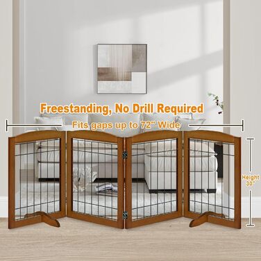 Дерев'яне перегороджувальне ґратка для собак, 4 панелі, широке, 76,2 см, розкладне, бар'єр для тварин, з підставками, масивне тверде дерево та сталевий дріт, захисне ґратка для дверей, коридорів, 76 см висота