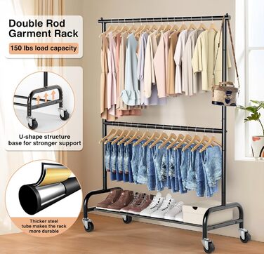 MISSLO Heavy-Duty Clothes Rack Double, Metal Clothes Rod on Wheels Stable Mobile Coat Rack for Coats, Shirts (White) (Black)