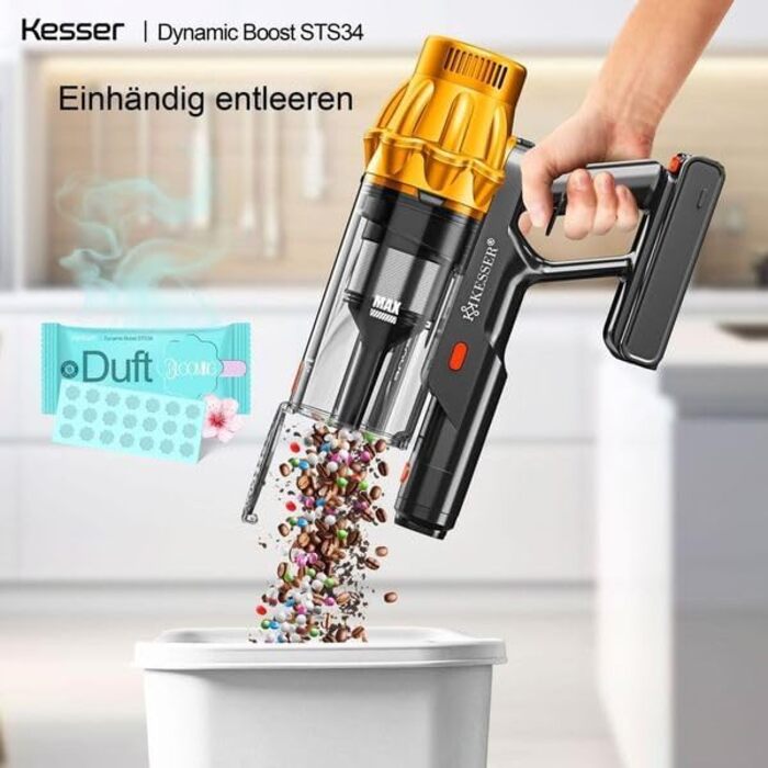 Бездротовий акумуляторний пилосос KESSER® з LED дисплеєм, до 70 хв роботи | Бездротовий пилосос без мішка з антизаплутувальною насадкою для твердих поверхонь, килимів та шерсті тварин (Помаранчевий / Жовтий)