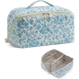 Косметичка для подорожей Wandering Nature для жінок з відділенням для пензликів, водонепроникна, велика, з перегородкою та ручкою (блакитна квітка)