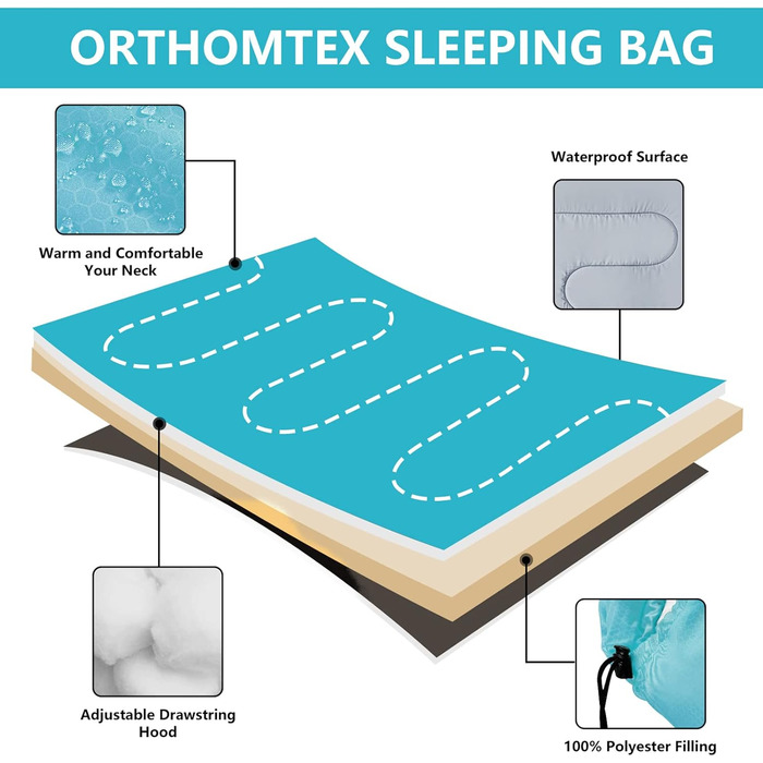 Спальні мішки ORTHOMTEX для дорослих, дітей та дівчаток. Теплі та холодні погодні умови, легкі, водонепроникні, 3-4 сезони, для походів, кемпінгу та альпінізму.