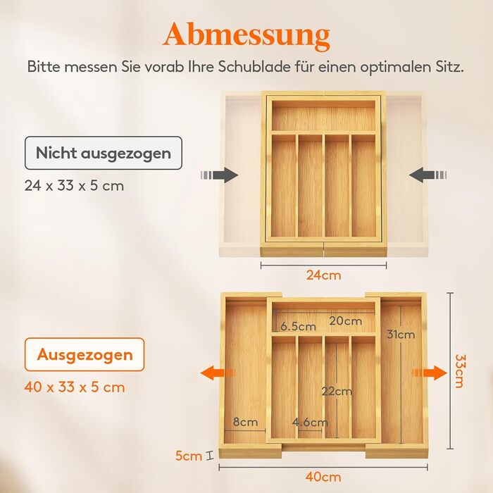 Органайзер для столових приборів Lifewit для шухляд 43 см, дерев'яний, для кухні (24-40 см)