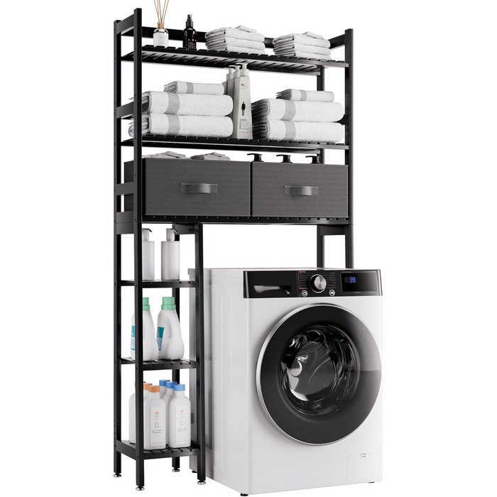 SMIBUY Over The Toilet Storage, 6-Tier Bamboo Bathroom Shelf with Drawers, Freestanding Over the Toilet Organizer Rack, Ample Storage, Space Saver for Small Spaces (Natural) (Black)