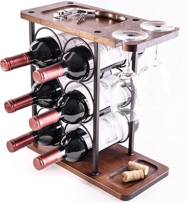 Wine rack for 6 bottles, wine bottle holder, 3 tiers, with 2 wine glasses.