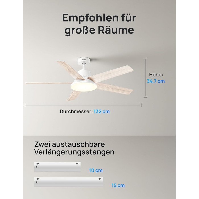 Дрео Смарт стельовий вентилятор з підсвічуванням, 132 см, 12 швидкостей, 3 режими, регульоване LED-підсвічування, тихий DC-двигун, 12H таймер, керування пульт/APP/Alexa, для дому, білий