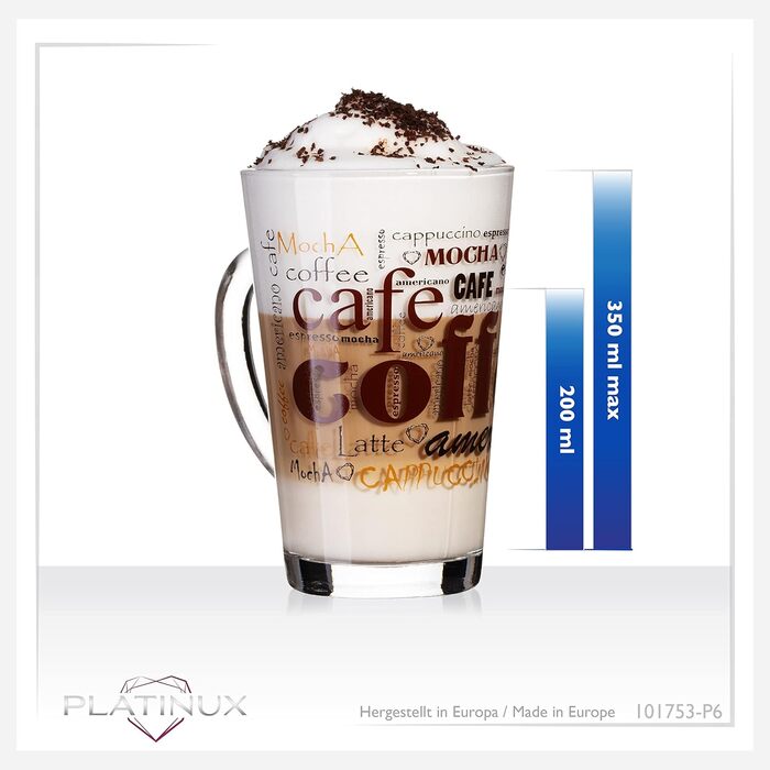 PLATINUX Coffee Glasses with Motif, max. 350ml, Set of 6, Glass Latte Macchiato Glasses with Handle, Cappuccino Glasses