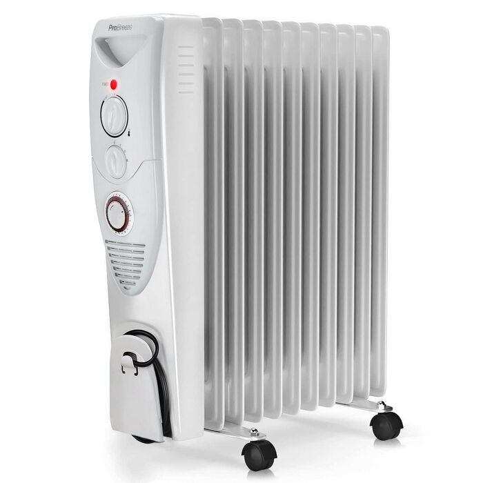 Електричний масляний радіатор Pro Breeze 2500W, обігрівач з 11 секціями, 3 режимами потужності, термостатом та таймером на 24 години, захист від перегріву та перекидання, білий