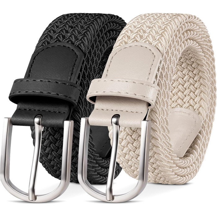 YOUCHAN 2 шт. ремені для жінок та чоловіків, еластичні плетені ремені, 3,3 см, еластичні ремені з регульованою довжиною, унісекс, чорний + бежевий