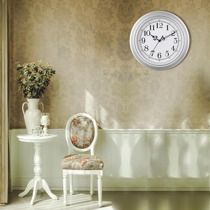 Plumeet Extra Large Wall Clock Classic Quiet Wall Clock without Ticking for Living Room - Bedroom - Battery Operated (Arabic Numerals) (25cm, Silver)