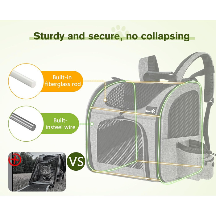 Pecute Pet Carrier Backpack with Mesh Window - Portable & Foldable Cat Carrier, Breathable & Lightweight Dog Carrier - Waterproof Oxford Cloth, Large Capacity, Non-Slip Gray