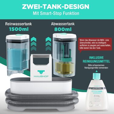 HAUSHOF StainZapper Pro: Професійний миючий пилосос для килимів, меблів та авто. Потужність 450W, 12kPa, об'єм 1,5+0,8L, з миючим засобом та щіткою для швів. Ефективний видалення плям з килимів, диванів, оббивки та салону авто.