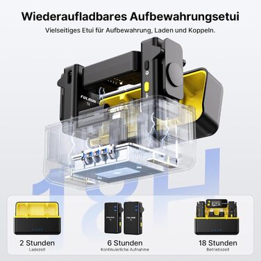 Бездротове петличне мікрофону FULAIM X6S для iPhone, Android, з AI-шумопоглинанням, 48 кГц/24 біт, з кейсом для зарядки та зберігання, для відеозйомки та Vlogging