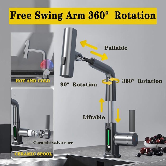 Кухонний змішувач з витяжною лійкою та душем, 3 режими, LED-індикатор температури, однорідний, поворотний на 360°, для кухні, високого тиску, регульована висота (сірий)