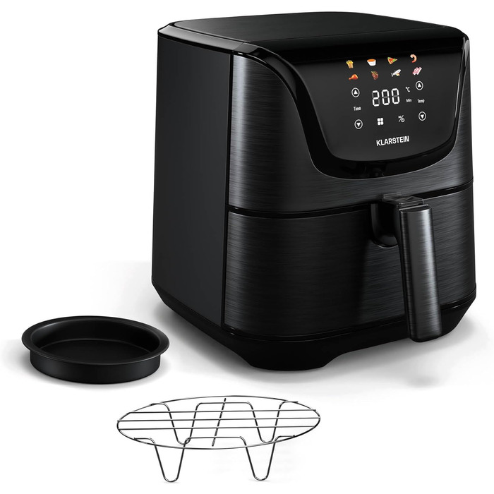 Klarstein AeroVital Deluxe Hot Air Fryer – 5.4 L Air Fryer, 1700 W, Touch Display, 8 Programs, Non-Stick Coating, Grill Rack & Pizza Tray, Cool-Touch Housing, Timer & Temperature Control, Black Hot Air Fryer + Basic Accessory Set