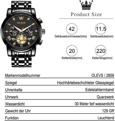 Годинник чоловічий OLEVS з металевим ремінцем, кварцовий, з місячною фазою, хронограф, водонепроникний, чорний (2856)