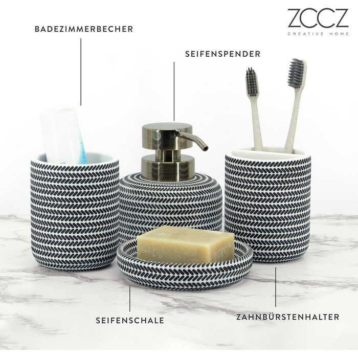 ZCCZ Bathroom Set – 4-Piece Organizer Set with Toothbrush Holder, Soap Dispenser, Cosmetic Bowl, and Cotton Swab Holder – Elegant Stone-Look Decoration, for Modern Bathrooms (Black/White)