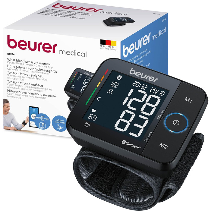 Тонометр Beurer BC 54 на зап'ясті з технологією Inflation, індикатор ризику, визначення аритмії, об'єм зап'ястя 13,5-21,5 см, з додатком, передача даних до Apple Health та ін. 2 x 60 місця для зберігання даних