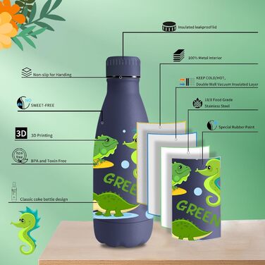 Термос Vikaster 500 мл, термофляга з нержавіючої сталі, без BPA, не протікає, багаторазовий. Ідеально для велосипеда, кемпінгу, йоги, спортзалу, фітнесу, школи, подорожей, активного відпочинку. (350 мл, Темно-синій, Динозавр)