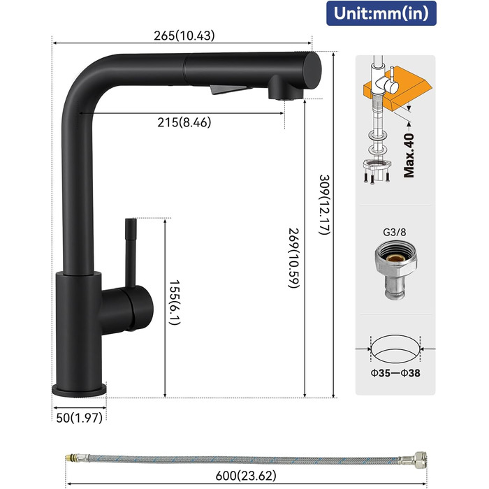 Змішувач кухонний висувний Sofetiy з душем, нержавіюча сталь, чорний, 360°