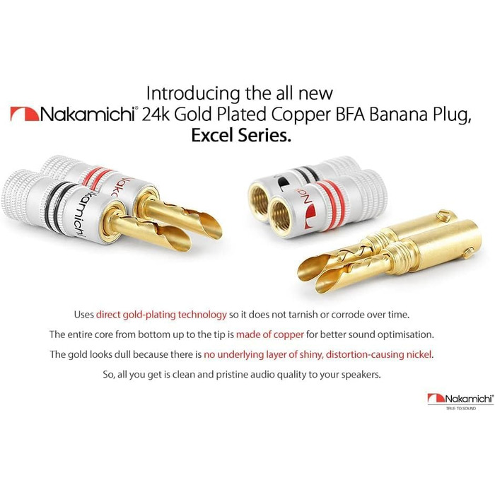Позолочені бананові конектори Nakamichi 24K для акустичних кабелів 12-18 AWG, 4мм, для підсилювача, Hi-Fi ресивера та домашнього кінотеатру, 10 шт (5 пар)