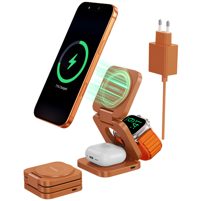 Зарядний пристрій KU XIU X55 Turbo Qi2.2 25W Magsafe 3-в-1: для Apple Watch, iPhone 17-12 та AirPods, помаранчевий