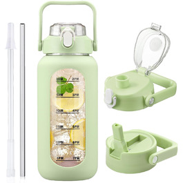 2L Glass Water Bottle with 2 Lids, Flip and Tumble, Lid, 2 Liter Large Water Jug with Time Marker and Silicone Sleeve, BPA-free, Leak-proof for Sports Gym, (Light Green)