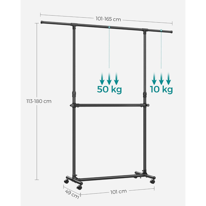Вішалка для одягу SONGMICS LLR401B01 з 2 штангами, чорна, на колесах, регульована висота 113-180 см