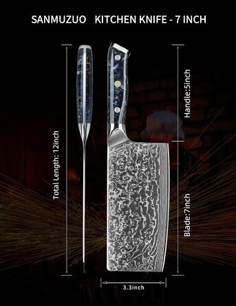 SANMUZUO Nakiri Messer 19 см - професійний ніж шеф-кухаря Дамаск, серія Xuan, VG10 сталь, ручка з епоксидної смоли (Dream Orange)