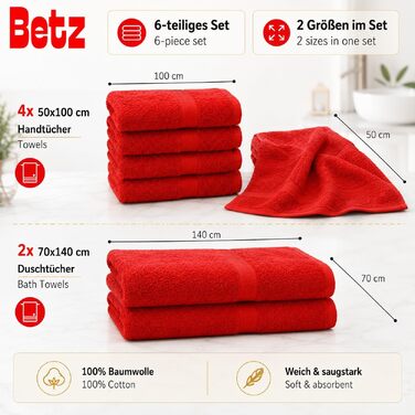 Набір махрових рушників Betz Premium, 6 шт. (4 шт. 50x100 см, 2 шт. 70x140 см), 100% бавовна, червоний