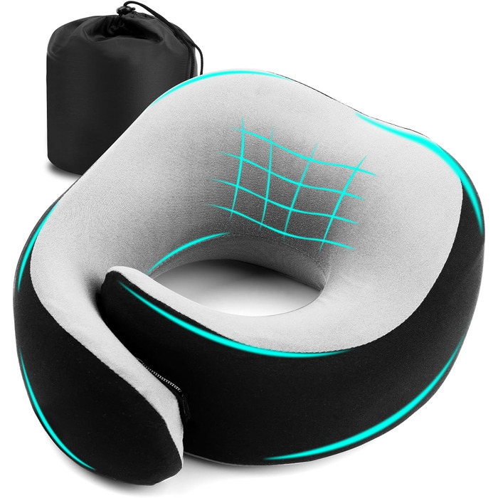 Подушка для шиї Gemice для подорожей та літака, з кріпленням на липучці, з піною пам'яті, для дорослих, чорна