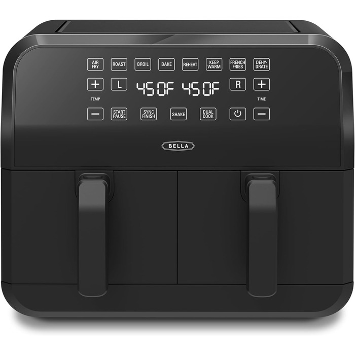 Фритюрниця аерофритюрниця Bella 8L з двома кошиками, сенсорним екраном, 8 функціями, регулюванням температури, таймером, антипригарним покриттям, 1700W, чорна