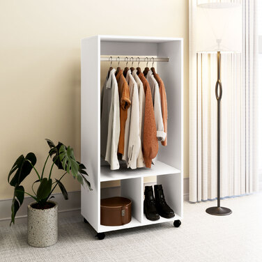 HOMCOM Mobile Clothes Closet Wardrobe with Shelf 4 Swivel Wheels for Living Room Bedroom, Aluminum Alloy, 60 x 40 x 127 cm, White | Aosom