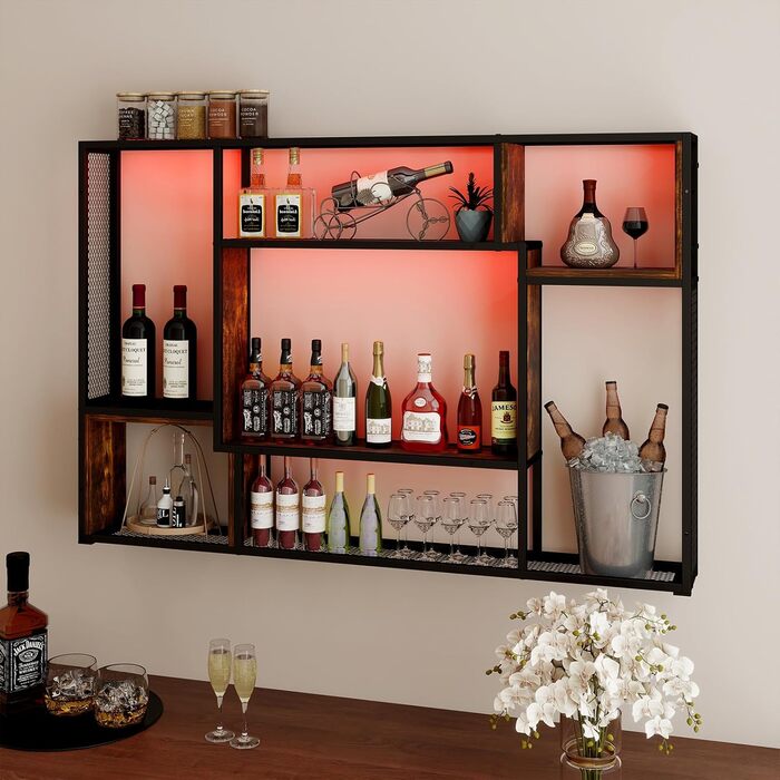 Стильне металеве виноградне реіал на стіну з LED-підсвічуванням, 3 яруси, чорний, 120x80 см