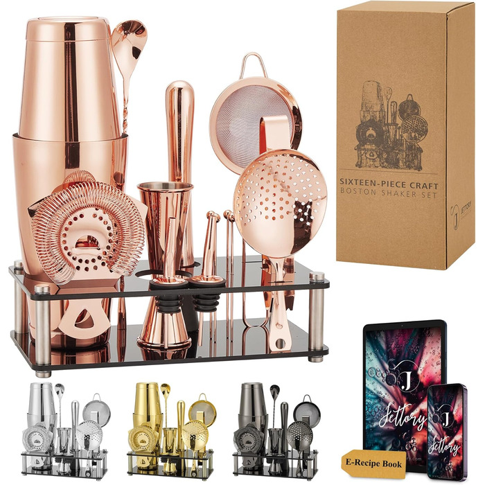 Набір шейкерів Boston - 16 предметів, нержавіюча сталь, рожеве золото, з акриловою основою, сито, щипці для льоду, барна ложка, мірний стакан, мадлер, виливач для пляшок та коктейльні шпажки