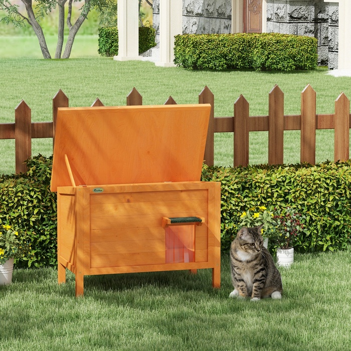 PawHut Wooden Cat House with Door Curtain, Outdoor, Insulated, Elevated Design, for Small Animals, Orange, 60x60x81.5cm | Aosom