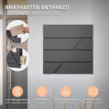 Поштовий ящик настінний ECD Germany з газетницею, антрацит, 37x11x37 см, нержавіюча сталь з порошковим покриттям, 2 ключі, комплект кріплення, сучасний дизайн