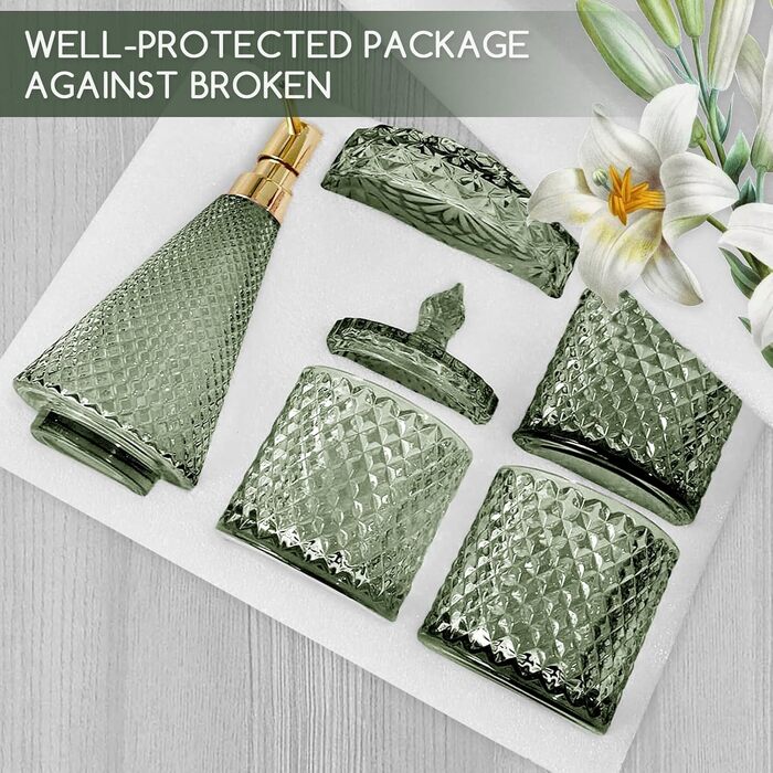 Набір аксесуарів для ванної кімнати зі скла, 5 предметів, зелений, вінтажний стиль. Включає: миловарку, 2 склянки, тримач для зубних щіток, миловарку та піднос для мила.