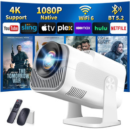 4K проєктор Beamer Full HD 1080P Android: портативний міні-проєктор з WiFi 6, Bluetooth 5.2, 270° обертанням, підтримкою PC/HDMI/USB, з пультом та мишкою, білий