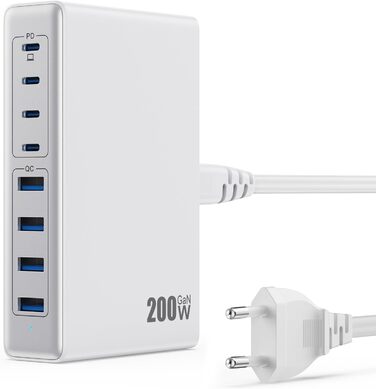 Мережевий адаптер USB-C 200W 8-в-1 GaN III з підтримкою QC4.0, PPS, PD 65W для MacBook Pro/Air, iPad, iPhone, Samsung, Steam Deck
