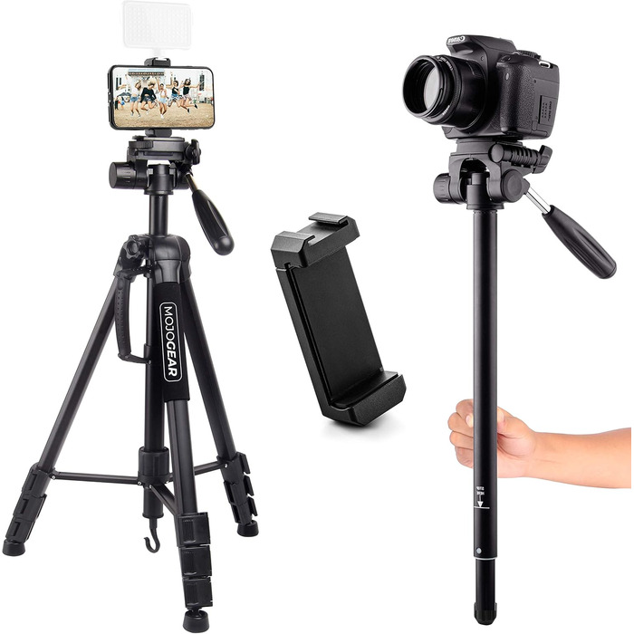 Штатив відео MOJOGEAR 140 см з тримачем для смартфона - алюмінієвий штатив для камери DSLR, екшн-камери, телефону, з кульковою головкою, швидкознімною платформою, сумкою