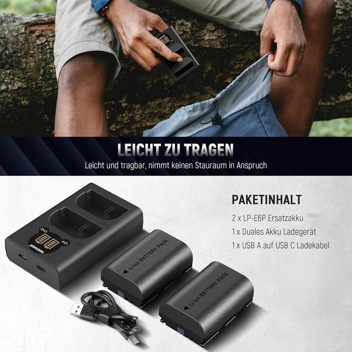 NEEWER Запасний акумулятор LP-E6NH та зарядний пристрій USB, комплект 3 шт. 2250mAh, сумісний з Canon EOS R7, R5, R6, R6 II, R, 5DIV, 6DII, 7DII, 80D, 90D