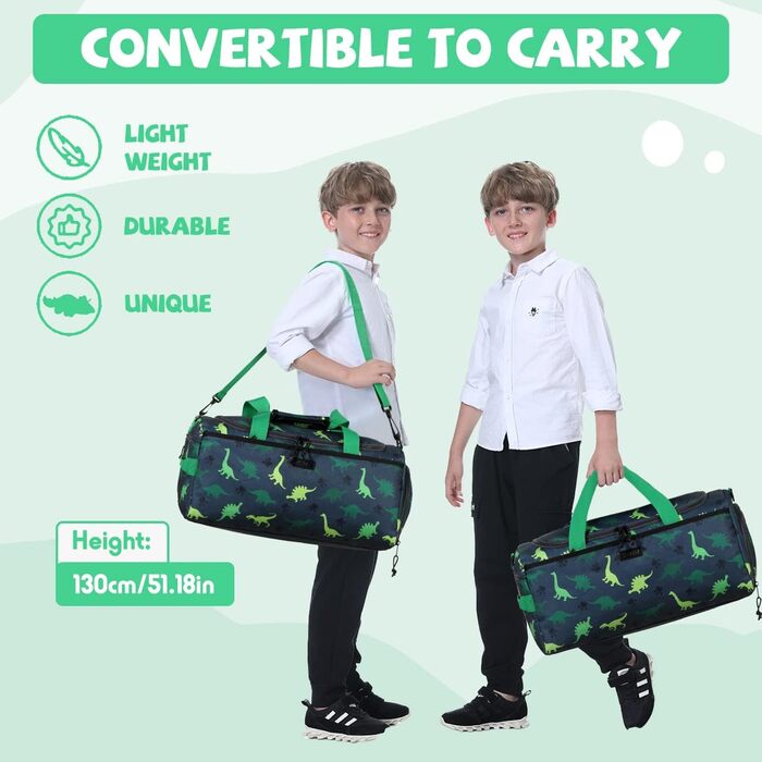 VASCHY Kids Duffel Bag - Overnight Travel Bag for Toddlers, Boys, Water-Resistant Ballet Dance Sports Carry-On Weekender Bag with Shoe Compartment Dry Wet Pocket Green Dinosaur