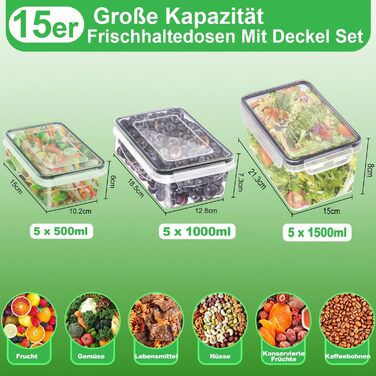 Набір контейнерів для їжі Kottwca, 30 шт. (15 контейнерів + 15 кришок), 15 великих контейнерів, 100% захист від витікання, BPA-Free, для мікрохвильової печі та холодильника