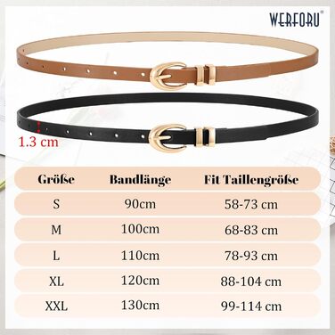 Жіночі шкіряні ремені WERFORU (2 шт.) - тонкі ремені для джинсів, штанів, суконь. Розмір 99-114 см. Золотисті та сріблясті пряжки. Чорний + коричневий кольори