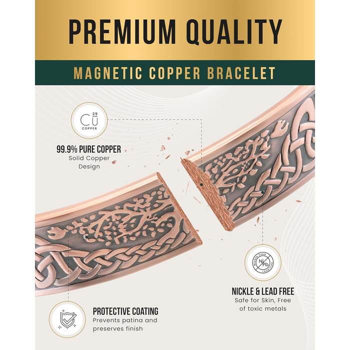 Браслет на руку чоловічий MagnetRX® з чистої міді – Мідний браслет для чоловіків для магнітної терапії – Ідеально при артриті та синдромі карпального тунелю – З інструментом для регулювання розміру (Ірландський бамбук, Copper Cuff)